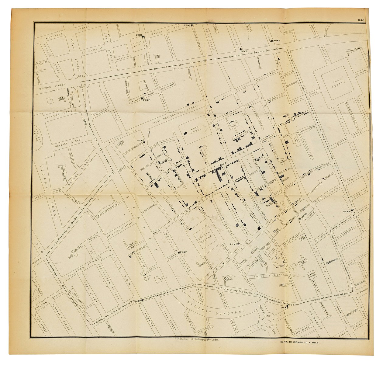 Un mapa de "Sobre el modo de comunicación del cólera", 1855 de John Snow