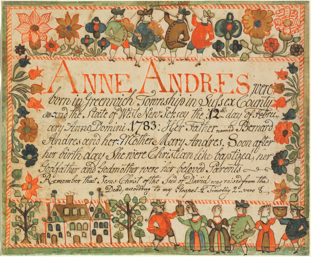 Certificado de Nacimiento y Bautismo de Anne Andres de John Spangenberg