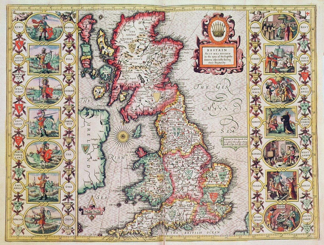 Gran Bretaña como estaba dividida en la época de los sajones ingleses, especialmente durante su Heptarquía de John Speed