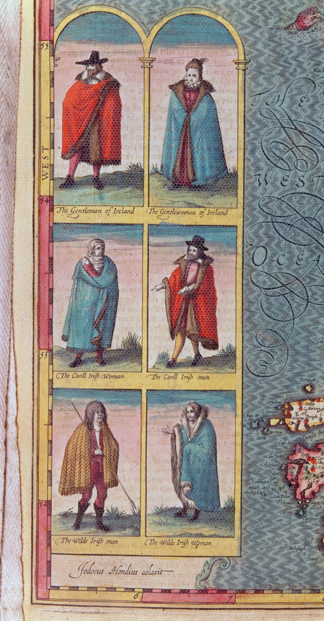 Tipos Irlandeses, detalle de El Reino de Irlanda, grabado por Jodocus Hondius, de 