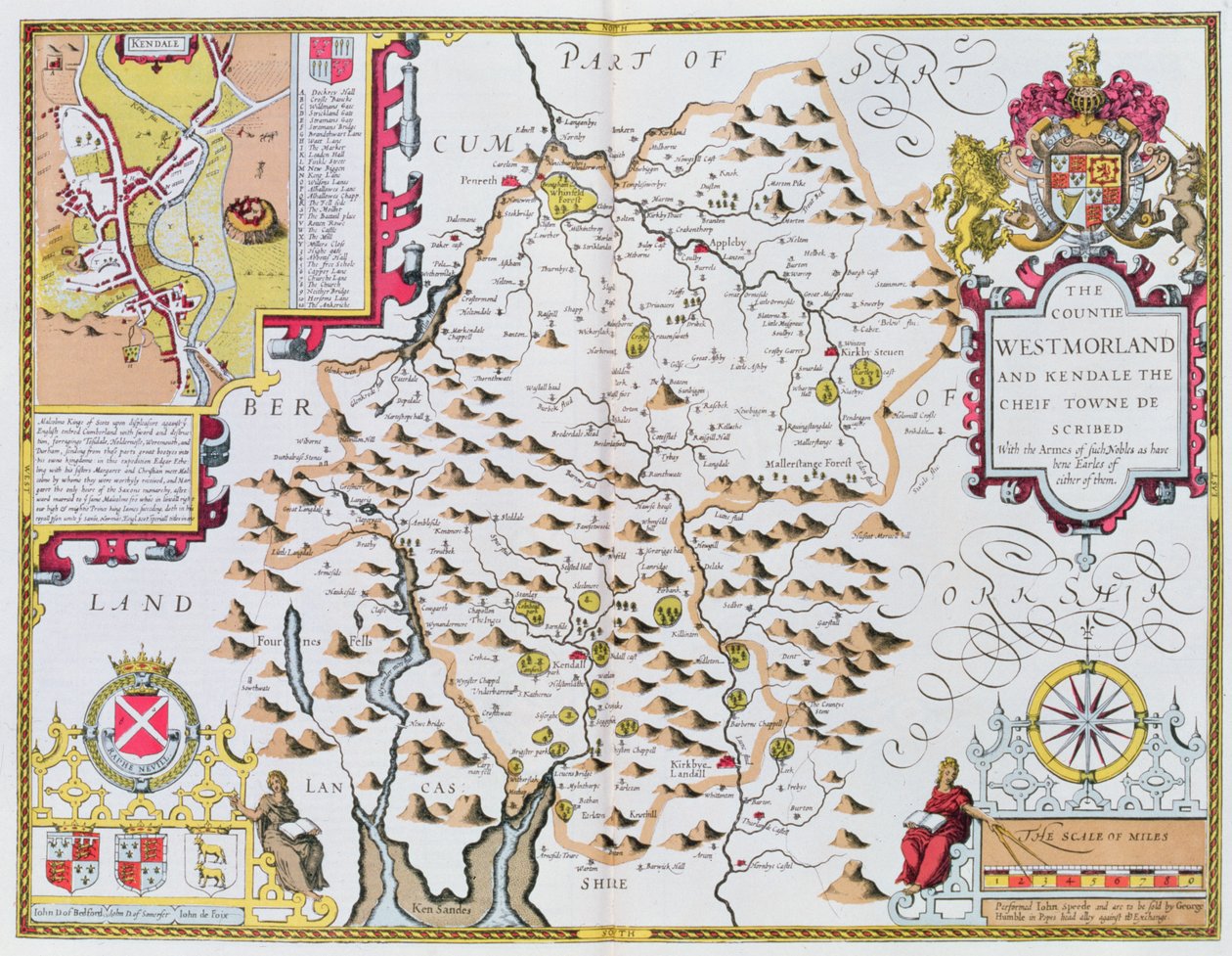 El condado de Westmorland, grabado por Jodocus Hondius (1563-1612) del Teatro del Imperio de Gran Bretaña de John Speed, pub. por John Sudbury y George Humble, 1611-12 de John Speed