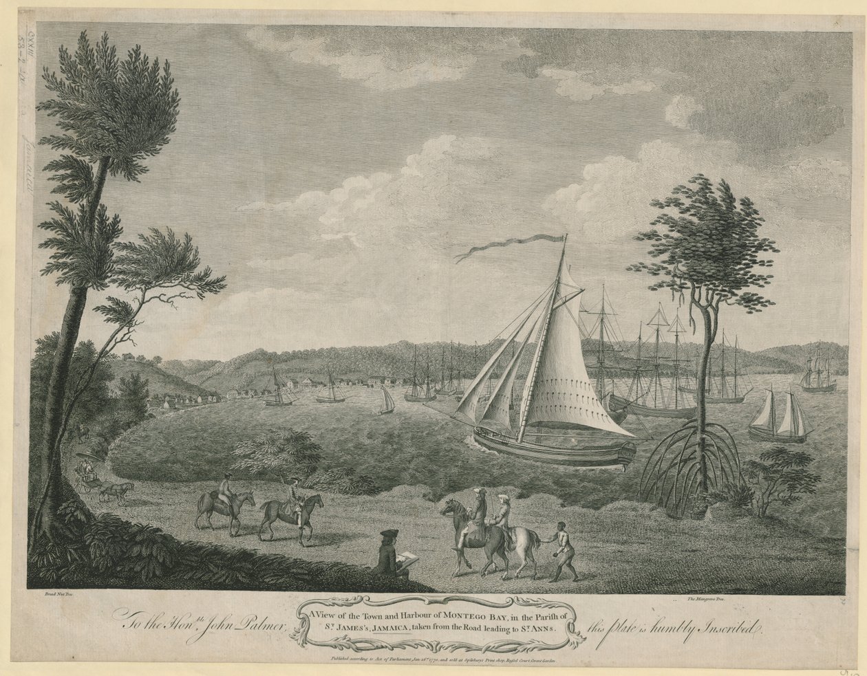 Vista de la ciudad y el puerto de Montego Bay, en la parroquia de St. James, Jamaica: tomada desde la carretera que conduce a St. Ann. Al Honorable John Palmer esta placa está humildemente inscrita de John Spilsbury