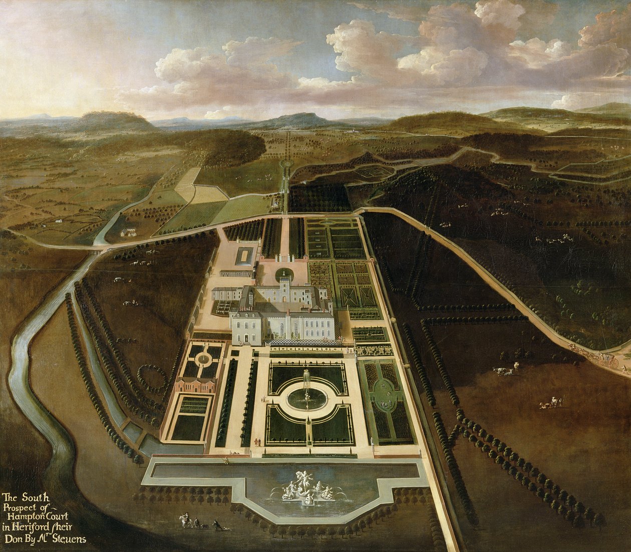 Vista sur de Hampton Court, Herefordshire, c.1705 de John Stevens