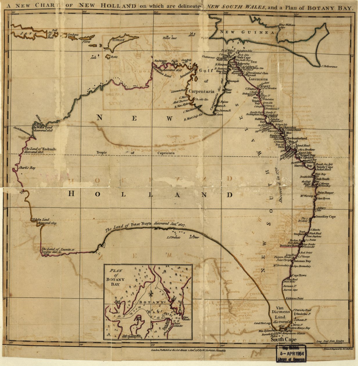 Una nueva carta de Nueva Holanda en la que se delinea New South Wale, y un plano de Botany Bay. LOC 00556400 de John Stockdale