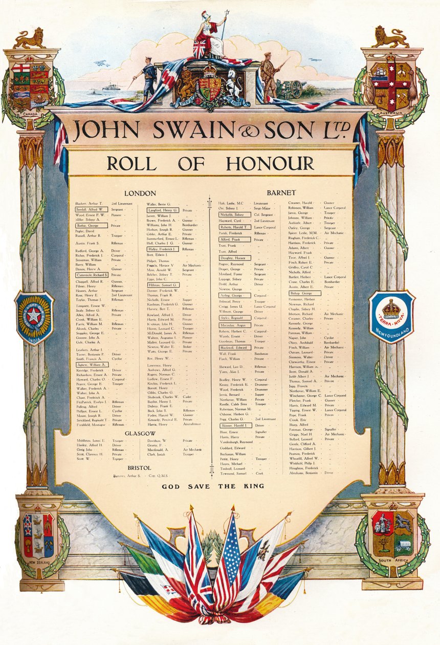 John Swain & Son Ltd. Rollo de Honor, 1917 de John Swain and Son