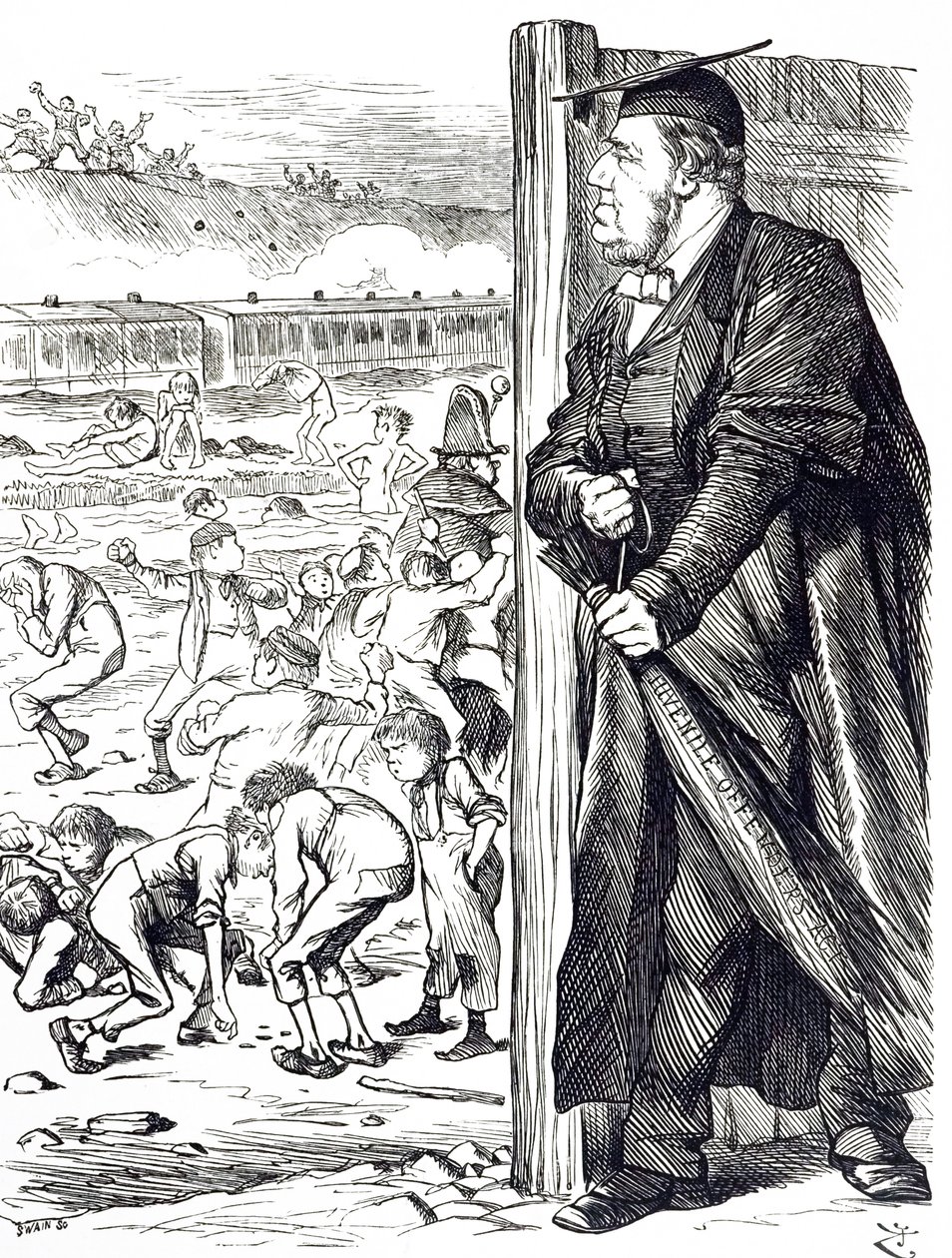 Una caricatura que representa a William Vernon Harcourt (1827-1904) quien, cuando era Secretario del Interior, recomendó la introducción de la vara en lugar de la detención para los delincuentes juveniles. Ilustrado por John Tenniel (1820-1914) un ilustrad de John Tenniel