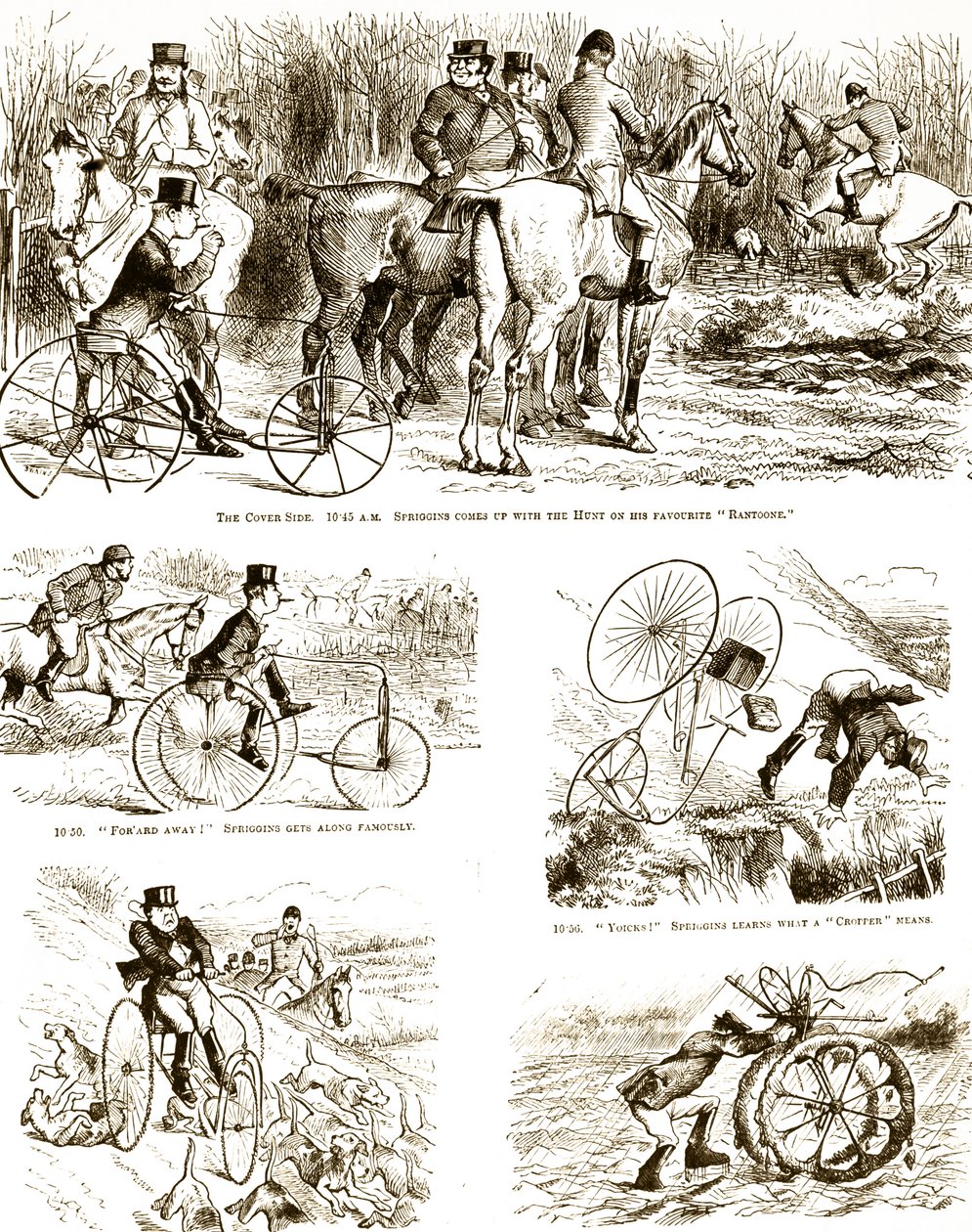 Una caricatura que representa a un hombre cazando en un triciclo. Ilustrado por John Tenniel (1820-1914) un ilustrador inglés, humorista gráfico y caricaturista político de John Tenniel