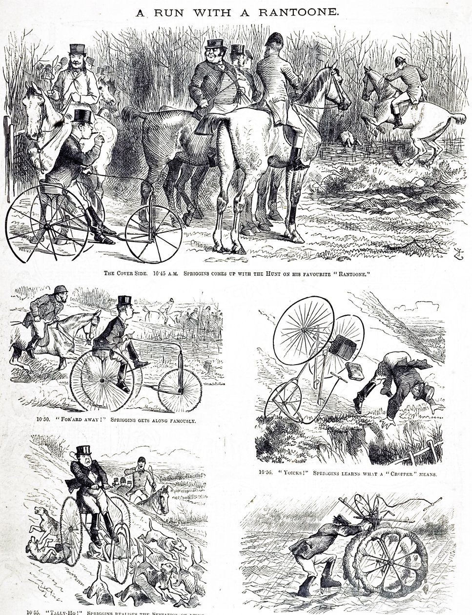 Caricatura que representa a un hombre cazando en un triciclo de John Tenniel