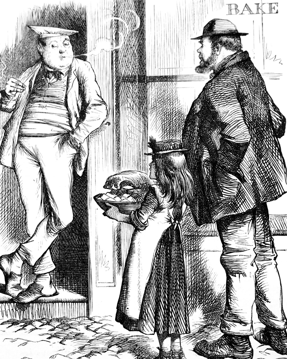 Un padre y su hija llevando comida para asar al panadero local para ser cocinada de John Tenniel