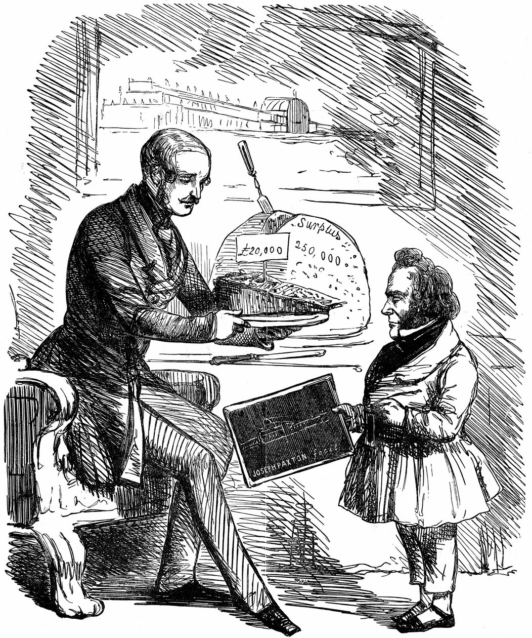 Alberto, príncipe consorte de la reina Victoria, entregando a Joseph Paxton, diseñador del Crystal Palace, una porción de 