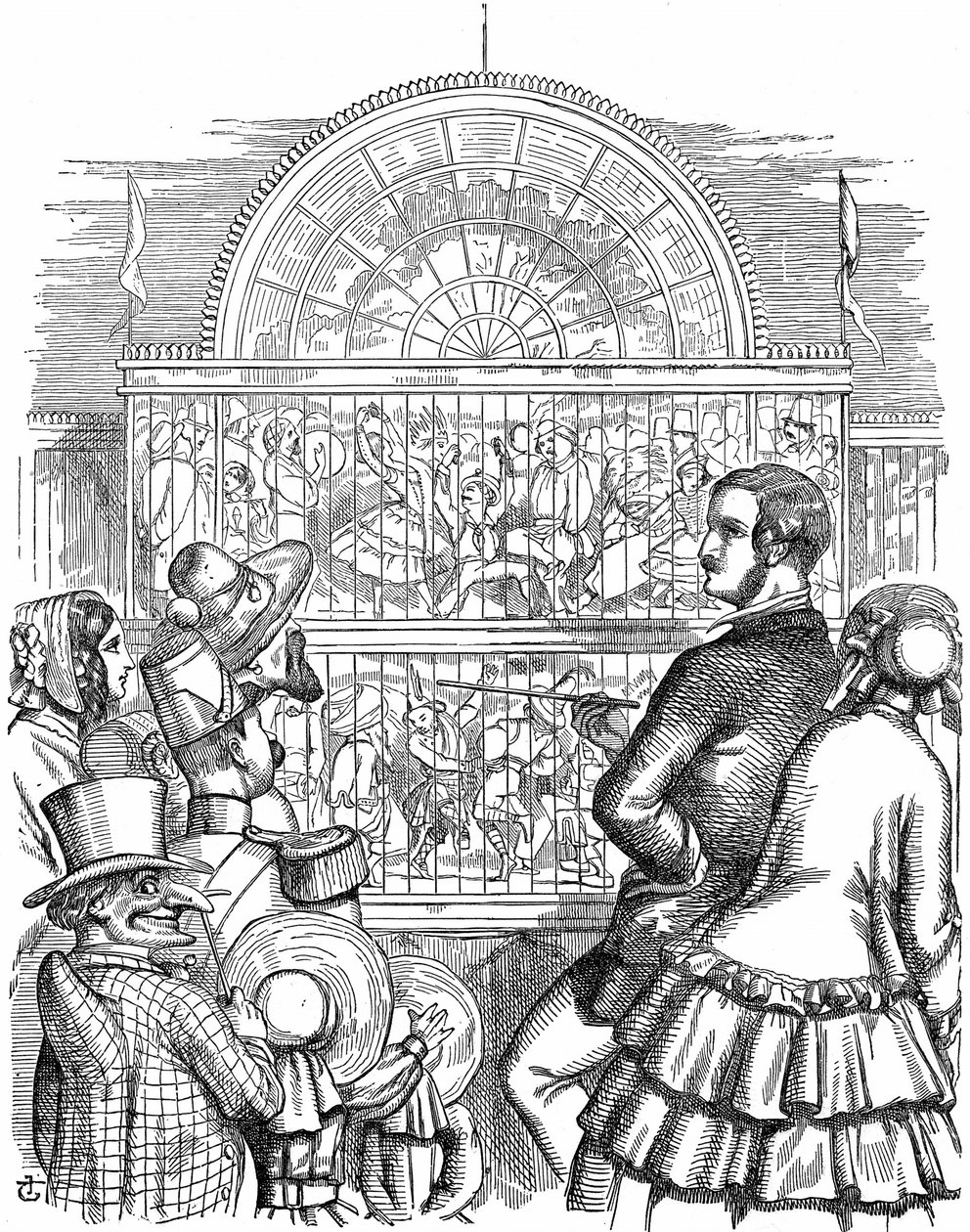 Alberto, Príncipe Consorte de la Reina Victoria, mostrando el Crystal Palace y la Gran Exposición en Hyde Park, Londres. Caricatura de John Tenniel de Punch Londres 1851. Grabado en madera de John Tenniel