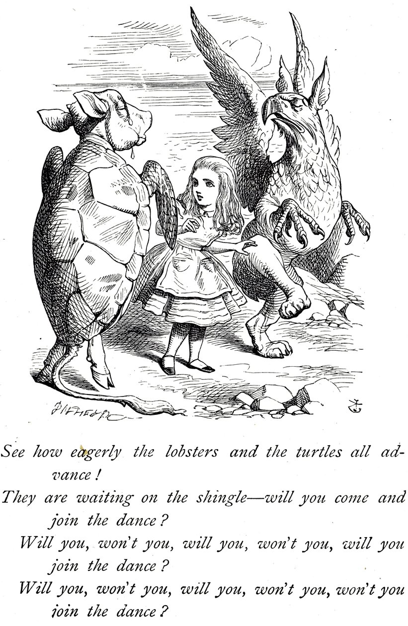 Alicia, la Falsa Tortuga y el Grifo de Las aventuras de Alicia en el país de las maravillas de John Tenniel