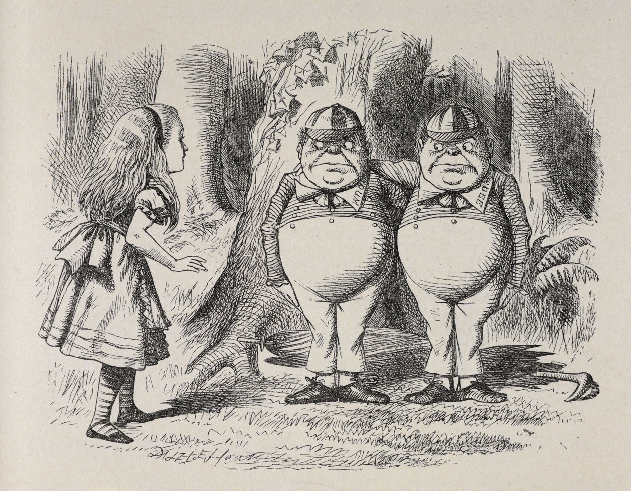 Alice conociendo a Tweedle Dee y Tweedle Dum por primera vez. Estaban parados debajo de un árbol, cada uno con un brazo alrededor del cuello del otro, y Alice supo quién era quién en un momento, porque uno de ellos tenía bordado "Dum" en el cuello y el otr de John Tenniel
