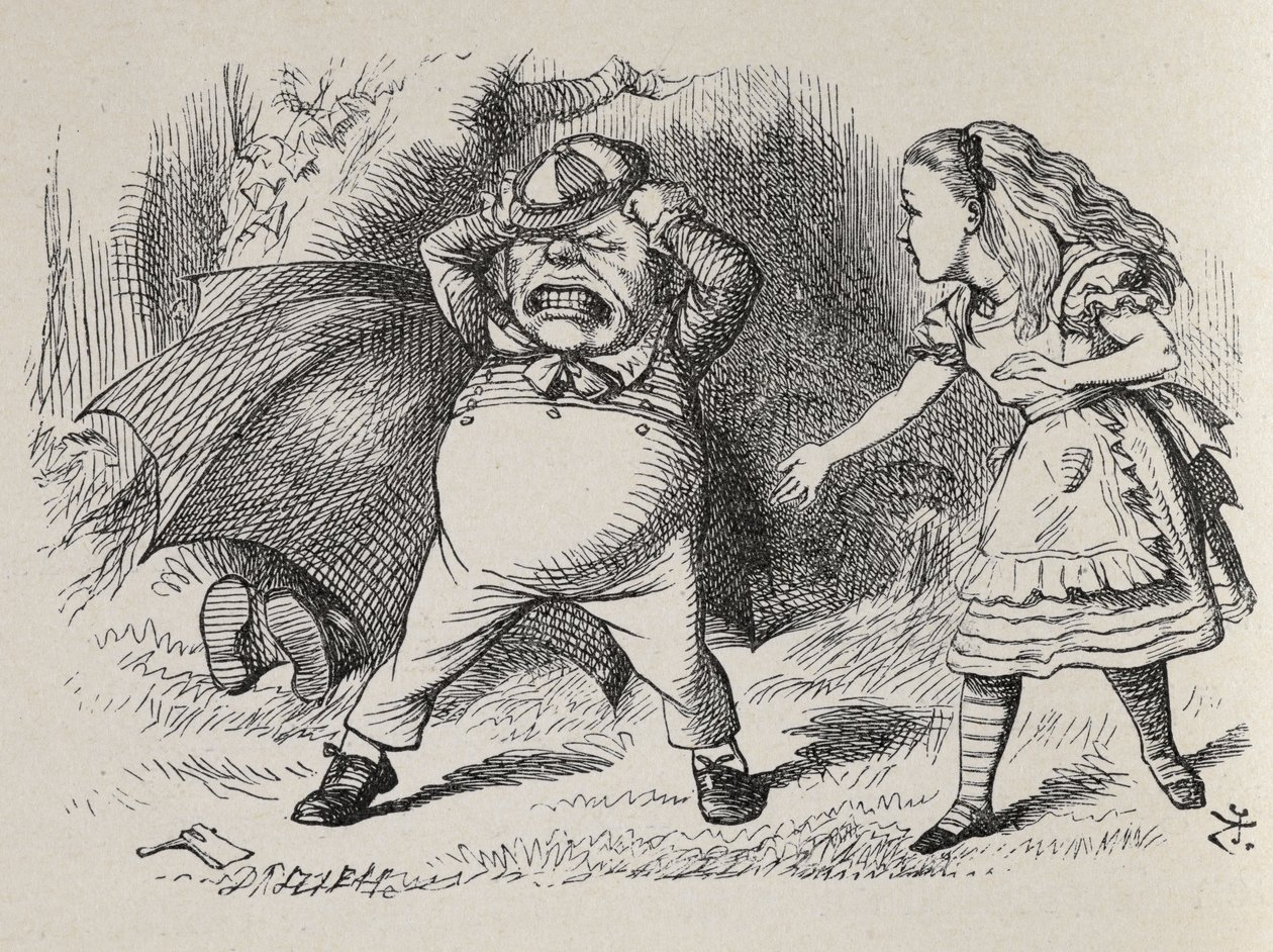 Alice con Angry Tweedledum y Tweedledee escondido. de John Tenniel