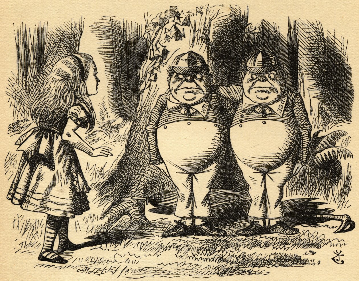 Alicia con Tweedledum y Tweedledee. Ilustración de Sir John Tenniel de John Tenniel