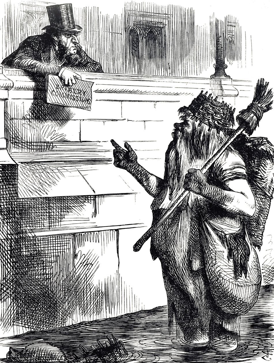 Dibujo comentando sobre la suciedad del Támesis y las investigaciones sobre sobornos durante las elecciones en Great Yarmouth, Reigate y Lancaster de John Tenniel