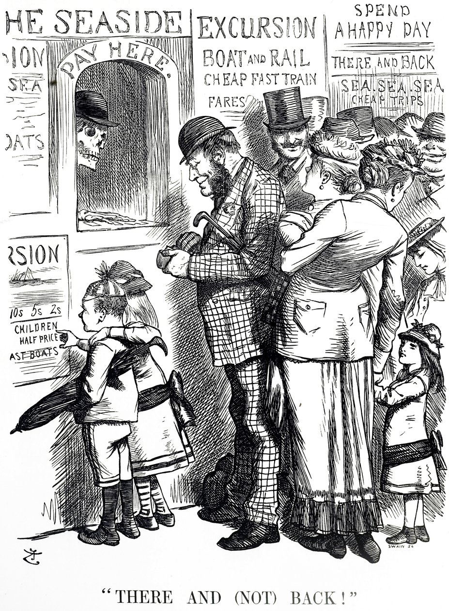 Caricatura comentando sobre la frecuencia de accidentes en trenes de excursión abarrotados de John Tenniel