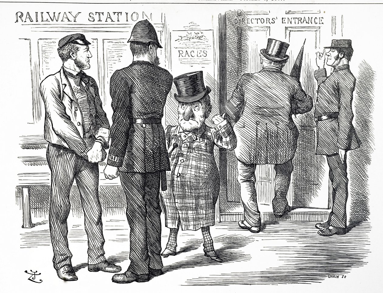 Caricatura comentando sobre las peticiones para que se haga obligatorio un sistema de señalización en bloque en los Ferrocarriles Británicos de John Tenniel