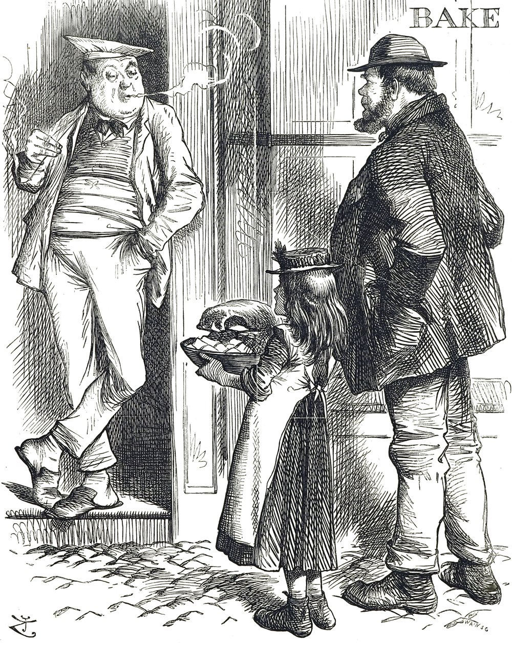 Caricatura comentando sobre las limitadas instalaciones de cocina en los hogares pobres donde a menudo no había horno de John Tenniel