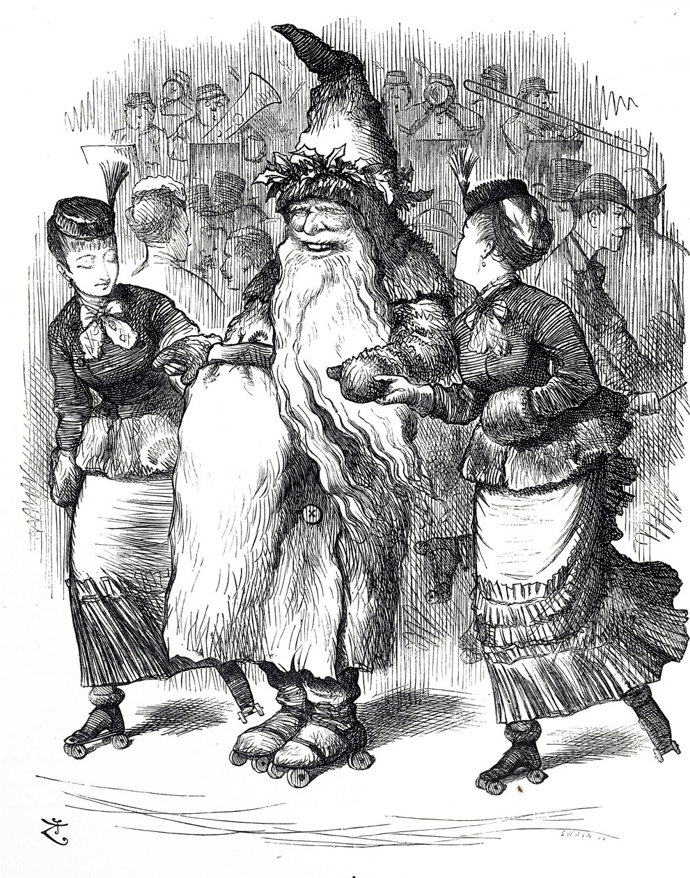 Caricatura que muestra a Papá Noel patinando sobre ruedas de John Tenniel