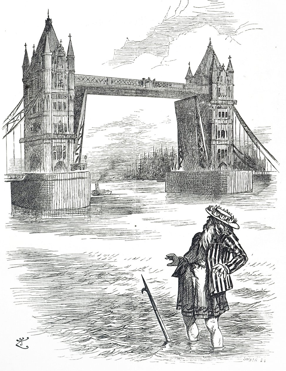 Caricatura del Padre Támesis admirando el Puente de la Torre, Londres de John Tenniel