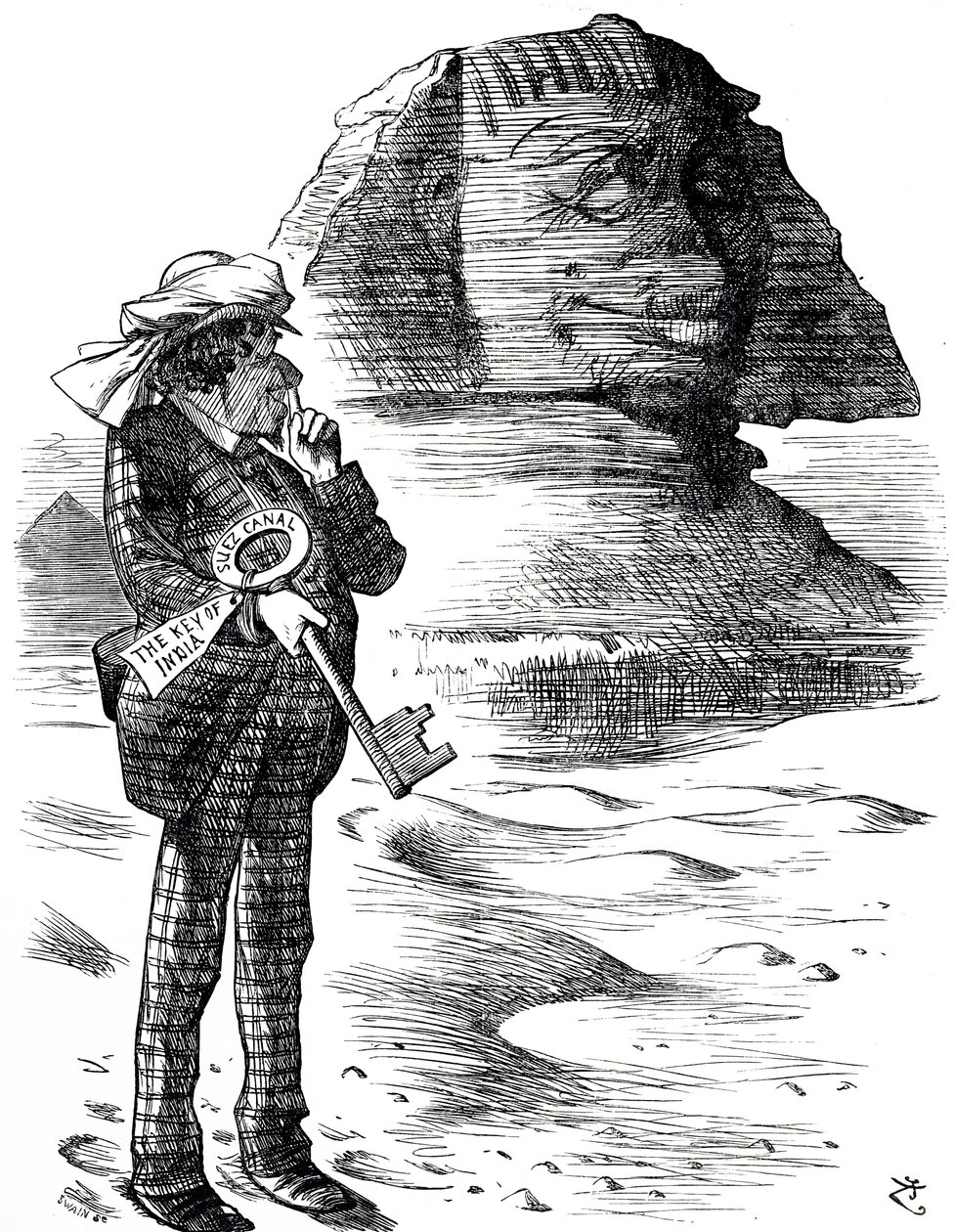 Dibujo que muestra al Primer Ministro Benjamin Disraeli sosteniendo el Canal de Suez como la clave para la posesión e influencia británica en la India de John Tenniel