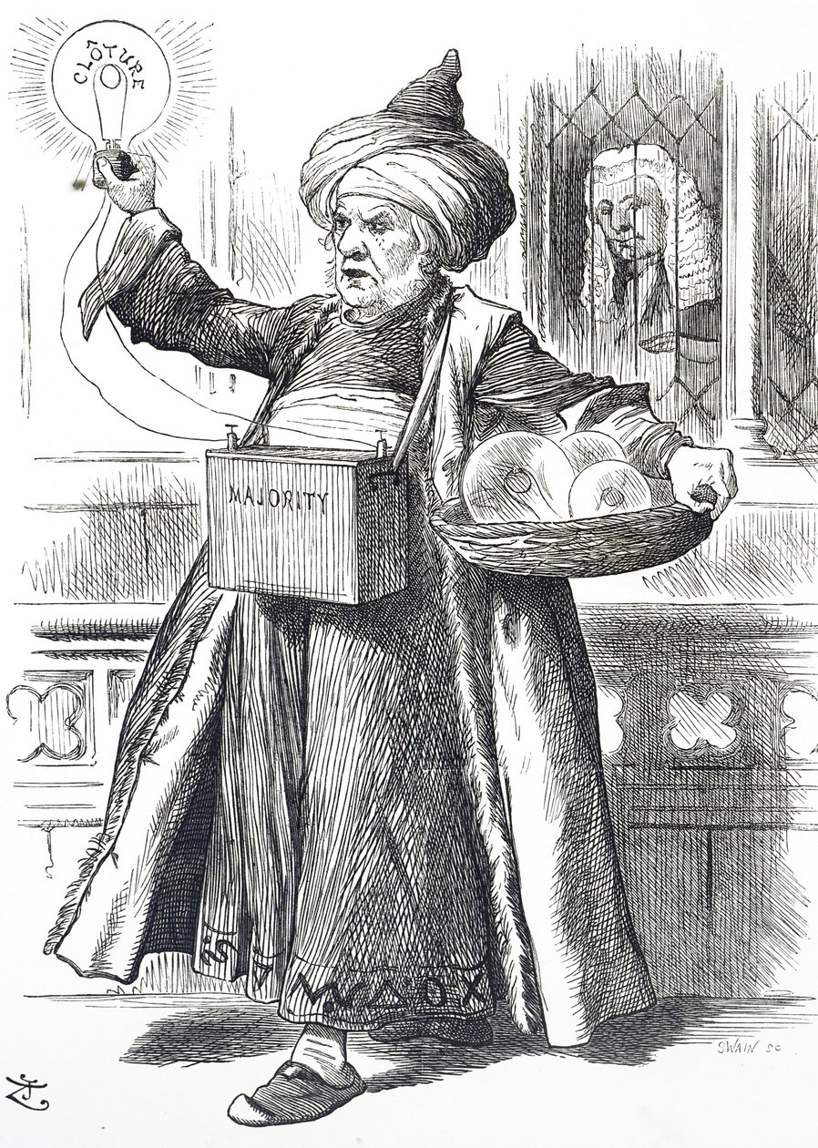 Dibujo que muestra a William Ewart Gladstone como Aladino de John Tenniel