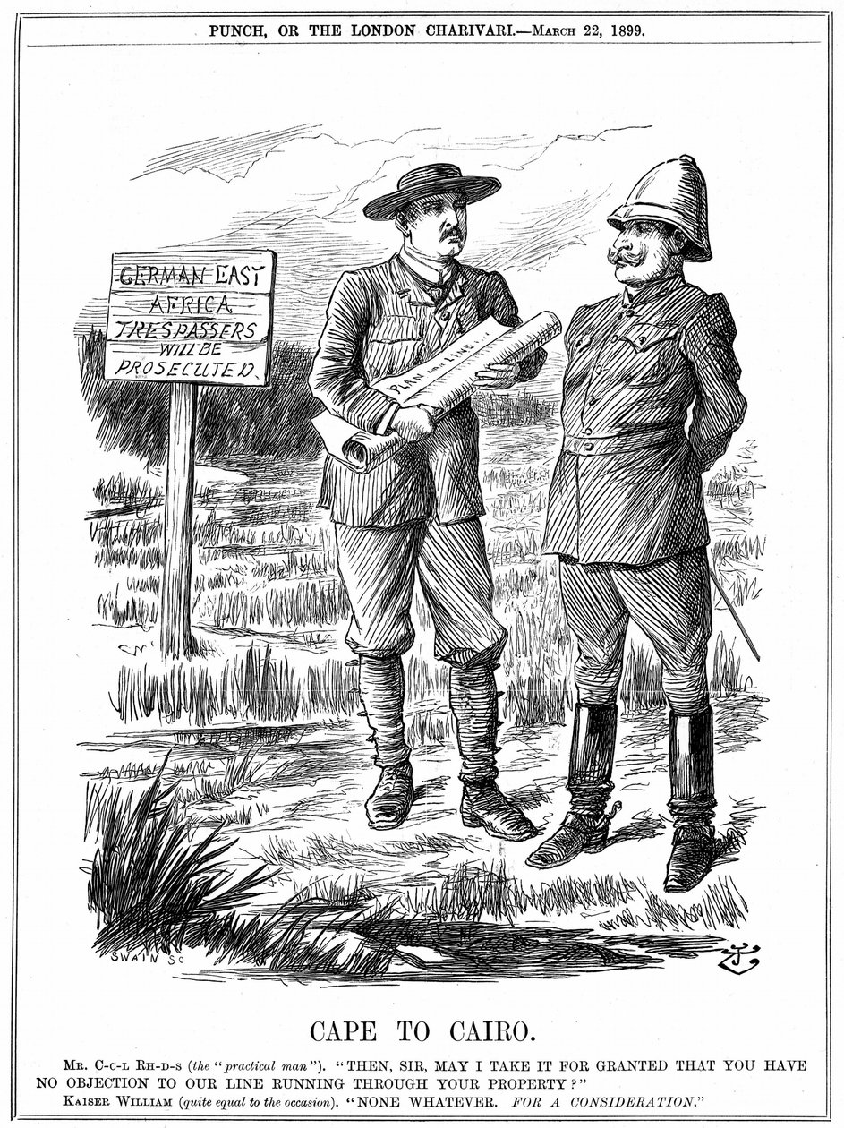 Cecil John Rhodes pidiendo permiso al emperador alemán para instalar una línea telegráfica a través de África Oriental Alemana. De El Cabo a El Cairo, caricatura de John Tenniel para Punch, Londres, 22 de marzo de 1899. Grabado de John Tenniel