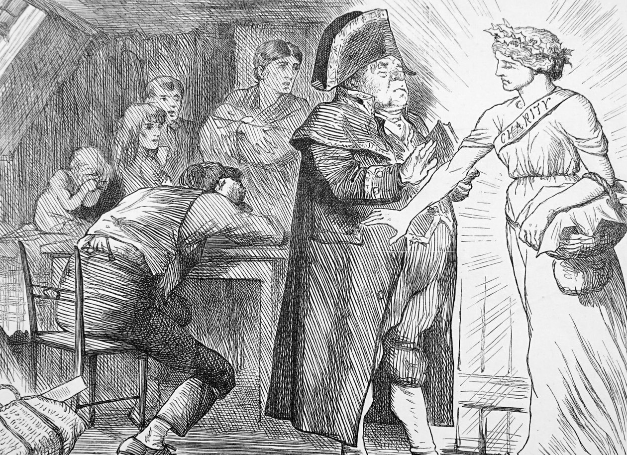 Caridad apartando las protestas del Sr. Brumble en su determinación de llevar alivio a las familias pobres en apuros de John Tenniel