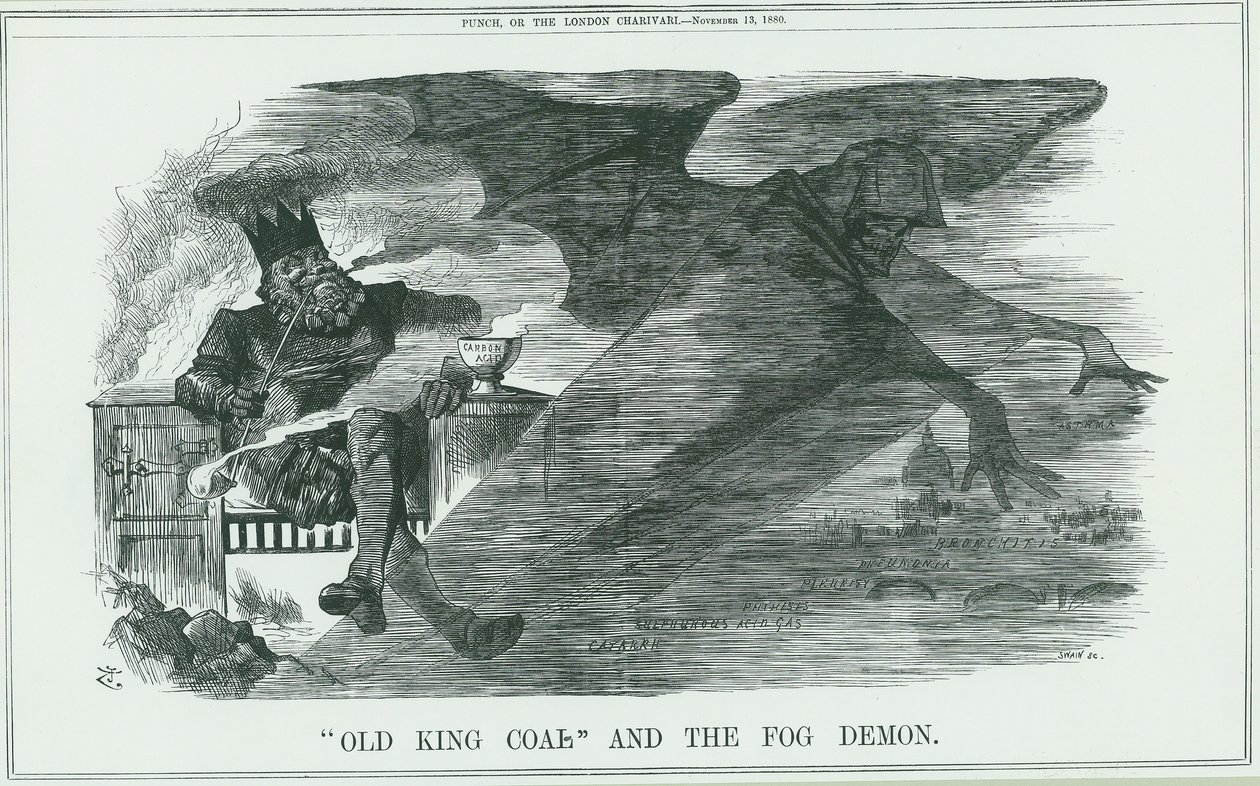 Efectos de quemar al Viejo Rey Carbón en Londres. La niebla causó Asma, Bronquitis, Neumonía, Pleuritis, etc. Caricatura de John Tenniel de Punch, Londres de John Tenniel