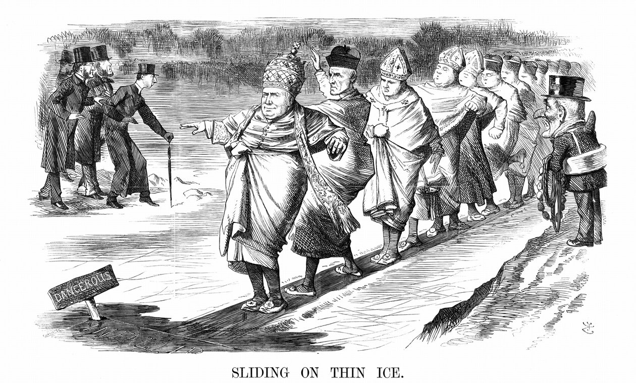 Conversos ingleses a Roma, incluyendo a Newman, patinando sobre hielo delgado mientras, a la izquierda, Pusey y sus amigos anglo-católicos 