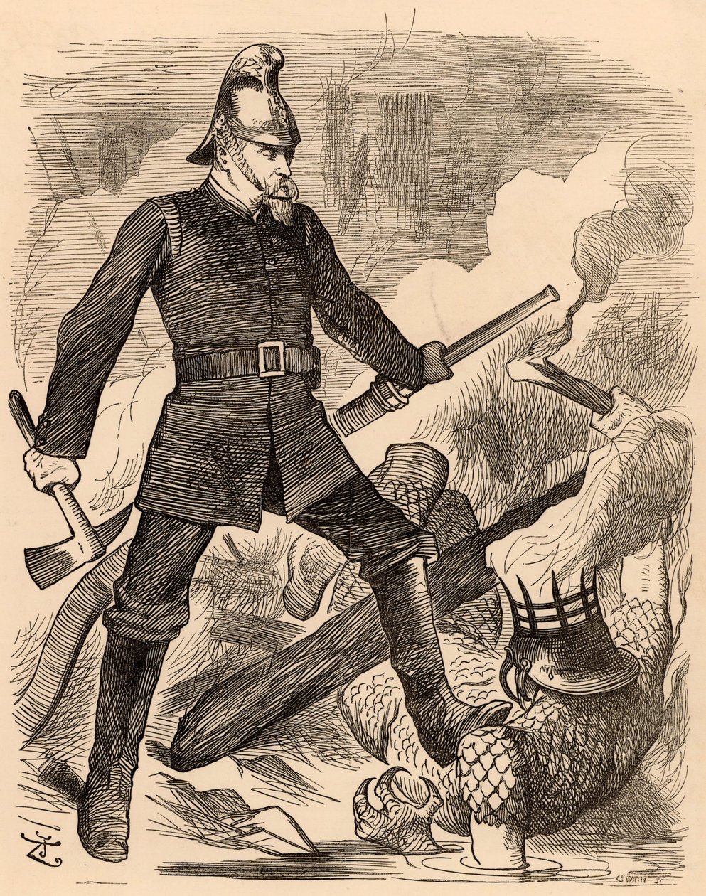Eyre Massey Shaw combatiendo el fuego, de "Punch" Londres, 20 de agosto de 1887 (grabado) de John Tenniel