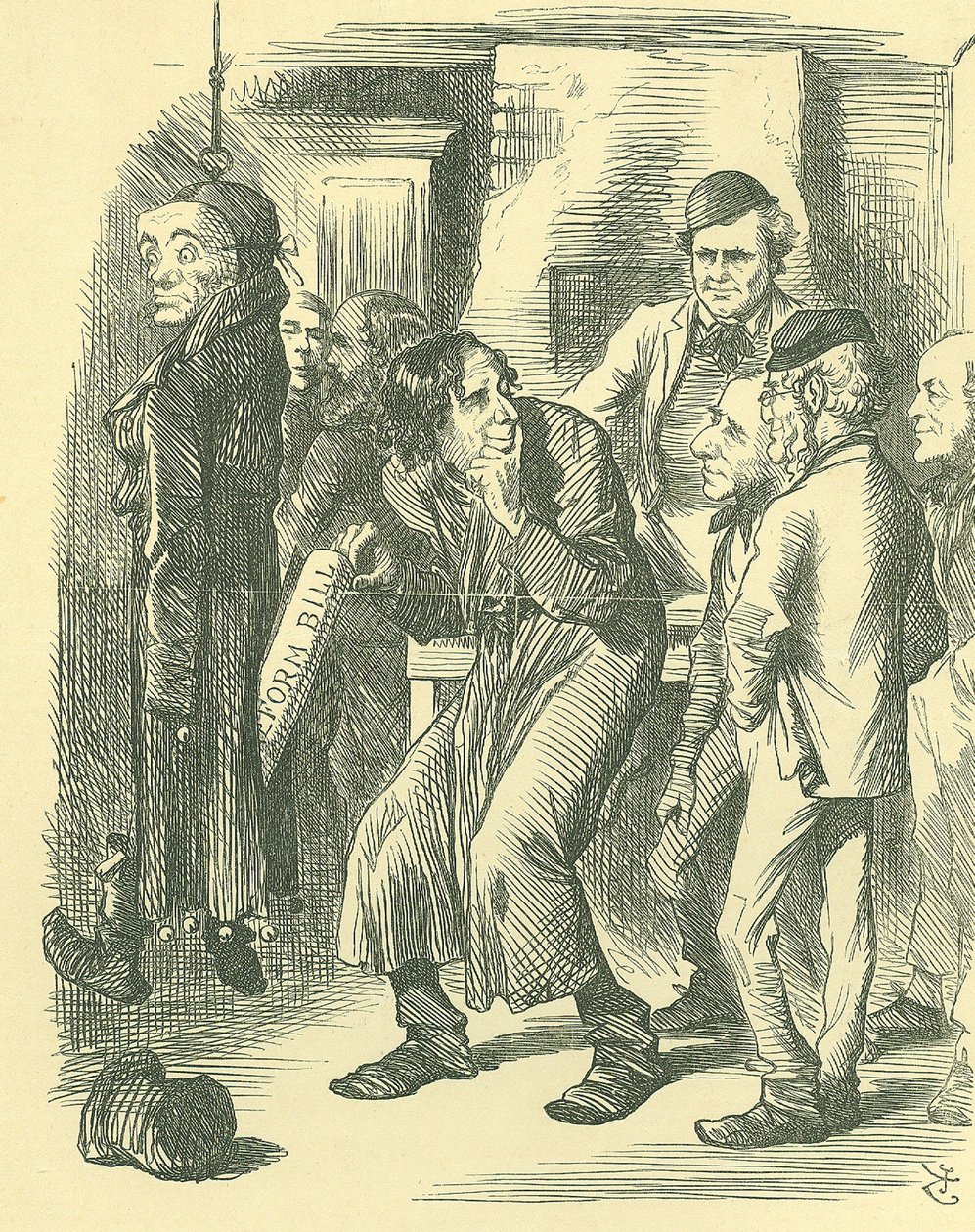 Escuela Política de Fagin: Reforma del Parlamento - extensión del sufragio. Disraeli llevó el Proyecto de Reforma a través de los Comunes en 1867, reclamando crédito por la aceptación de la legislación de John Tenniel
