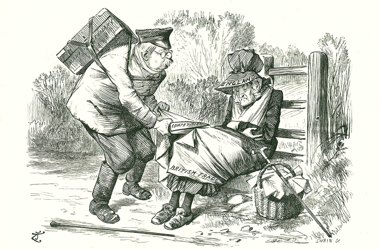 Alemania robando la posición de Gran Bretaña como líder mundial en comercio y manufactura. Caricatura de John Tenniel de Punch, 5 de septiembre de 1896 de John Tenniel