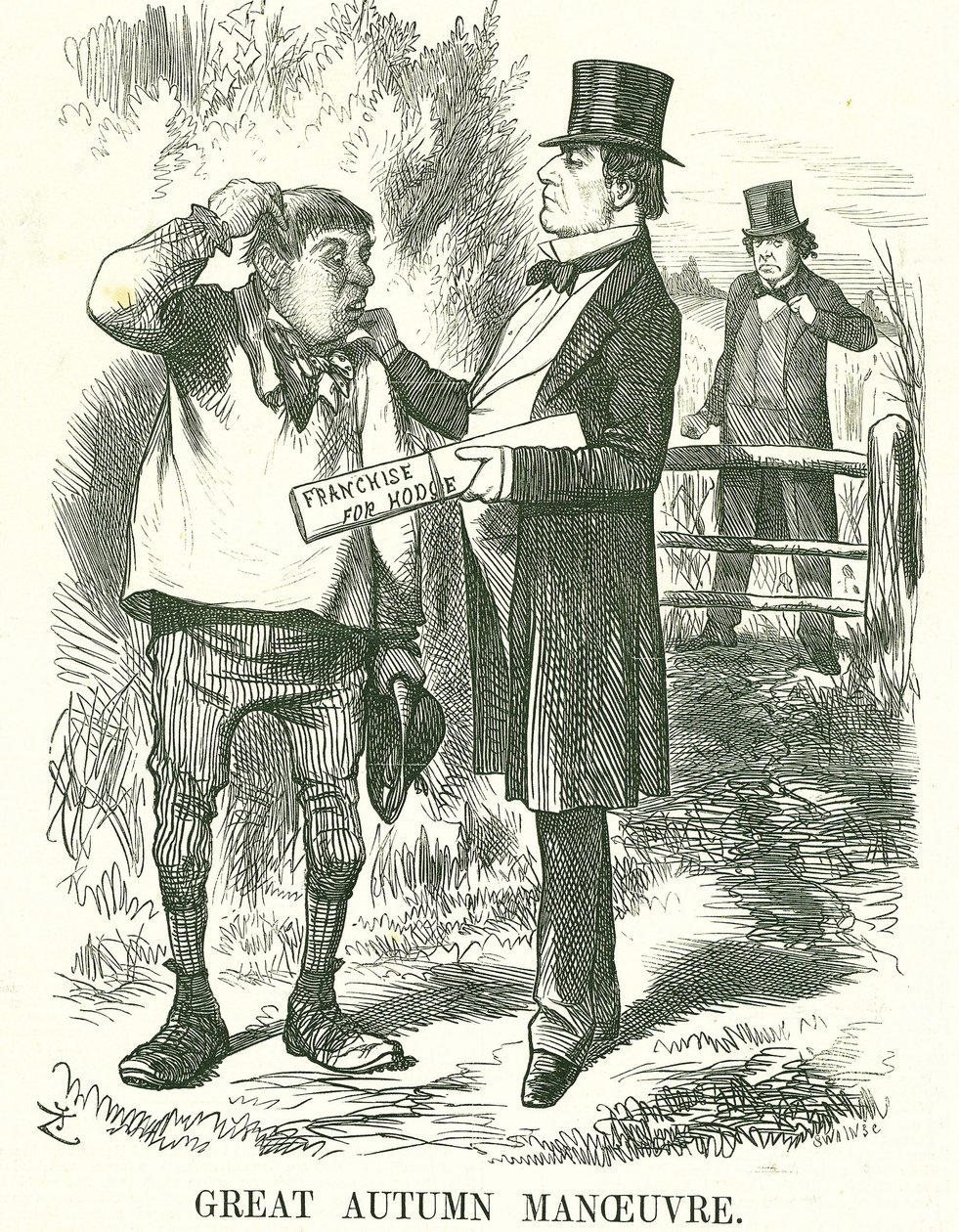 Gran Maniobra de Otoño: Gladstone pensaba que eventualmente el voto debía ser dado a los trabajadores agrícolas (Hodge). En ese momento su primer ministro estaba inestable y Disraeli esperaba tomar su lugar. Caricatura de John Tenniel de 