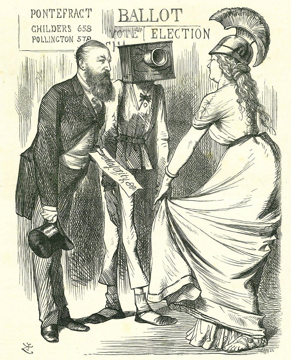 Hugh Childers (1827-1896) parlamentario británico, informando a Britannia del éxito de la nueva urna. Caricatura de John Tenniel de 