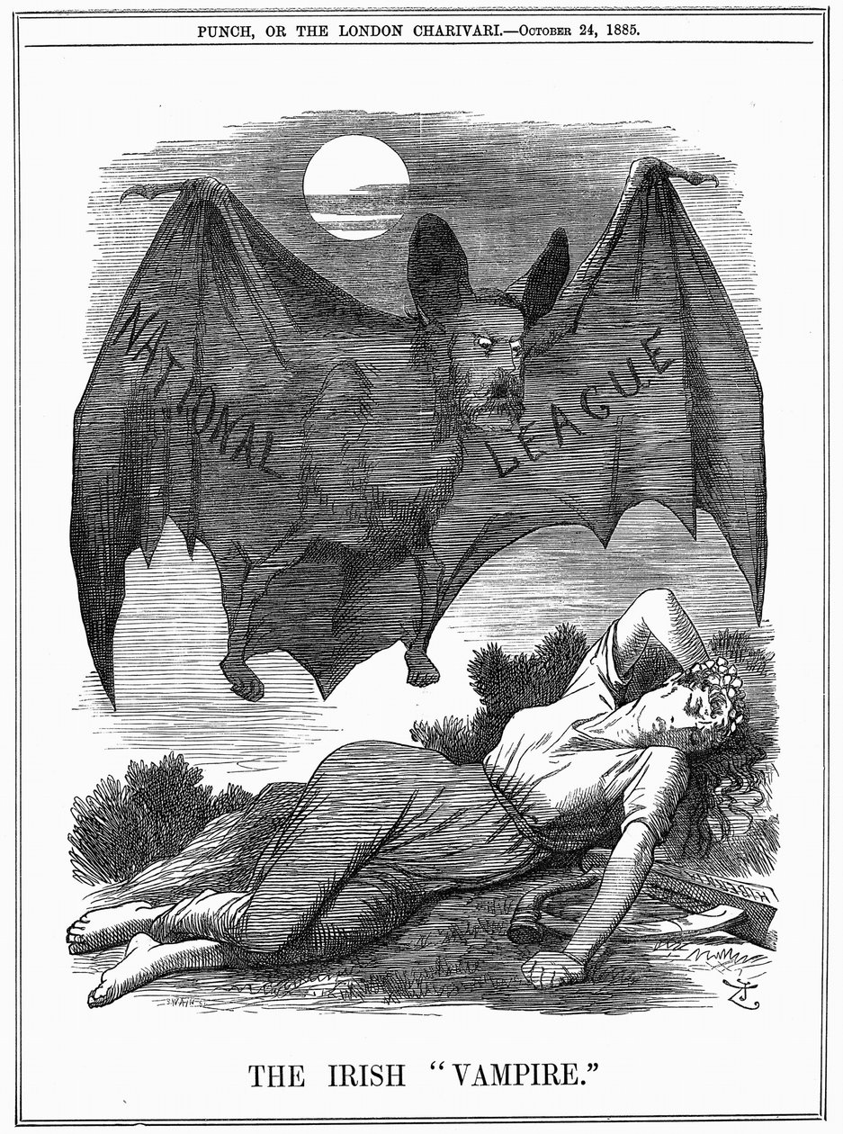 Liga Nacional Irlandesa, con el rostro de Charles Stewart Parnell (1846-1891), mostrado como un vampiro que se aprovecha de Irlanda de John Tenniel