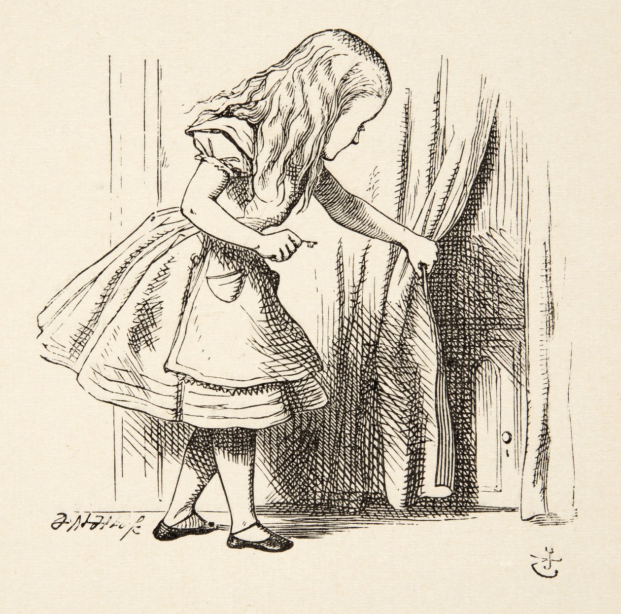 Mirando detrás de la cortina, de Las aventuras de Alicia en el país de las maravillas de Lewis Carroll (1832 - 98), pub. 1891 de John Tenniel