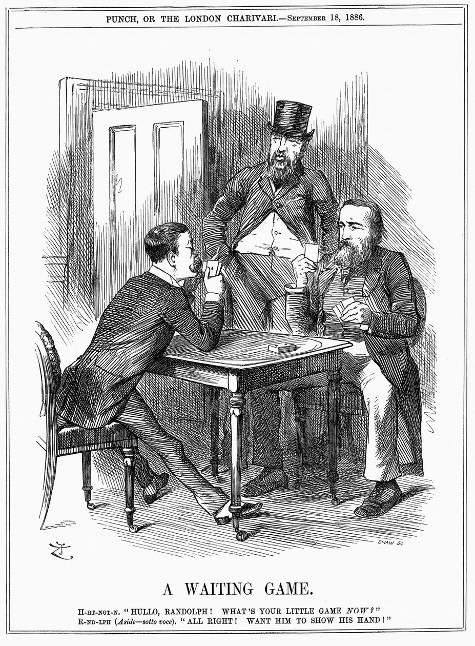 Lord Randolph Churchill (izquierda) tratando de hacer que Charles Stewart Parnell, político irlandés, muestre su mano y deje que Churchill y Hartington sepan cómo usará los votos parnellitas que comanda en la Cámara de los Comunes. Caricatura de John Tenni de John Tenniel