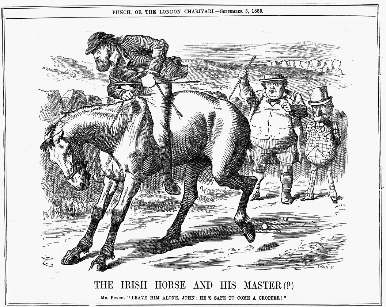 Mr Punch le dice a John Bull que ignore a Charles Stewart Parnell (1846-1891), político irlandés, ya que seguramente fracasará montando el caballo irlandés. Caricatura de John Tenniel de Punch, Londres, 5 de septiembre de 1885. Grabado de John Tenniel