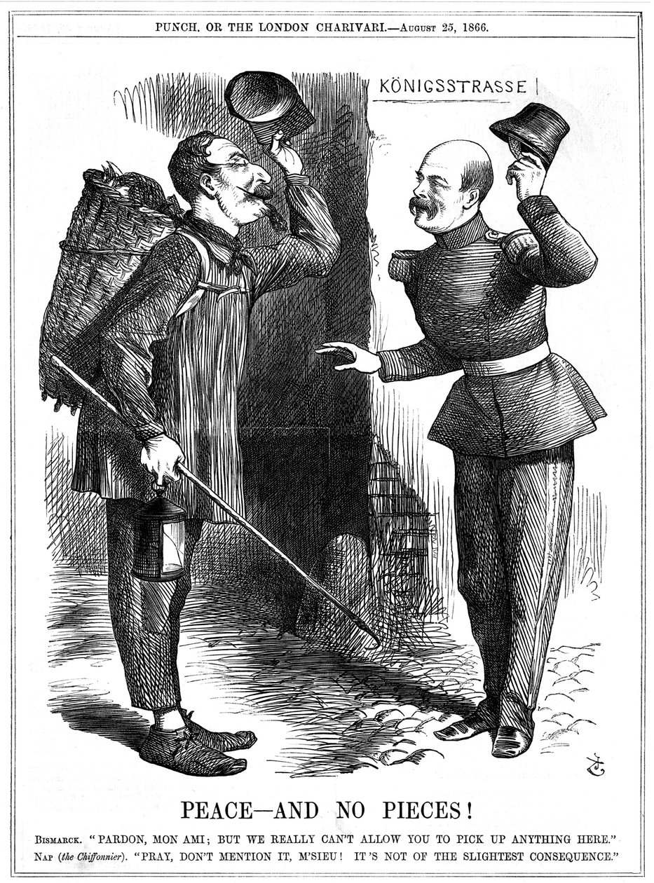 Napoleón III, Emperador de Francia 1852-1870, vestido como un recogedor de trapos (Chiffonnier), advertido por Otto von Bismarck, el Canciller prusiano de John Tenniel