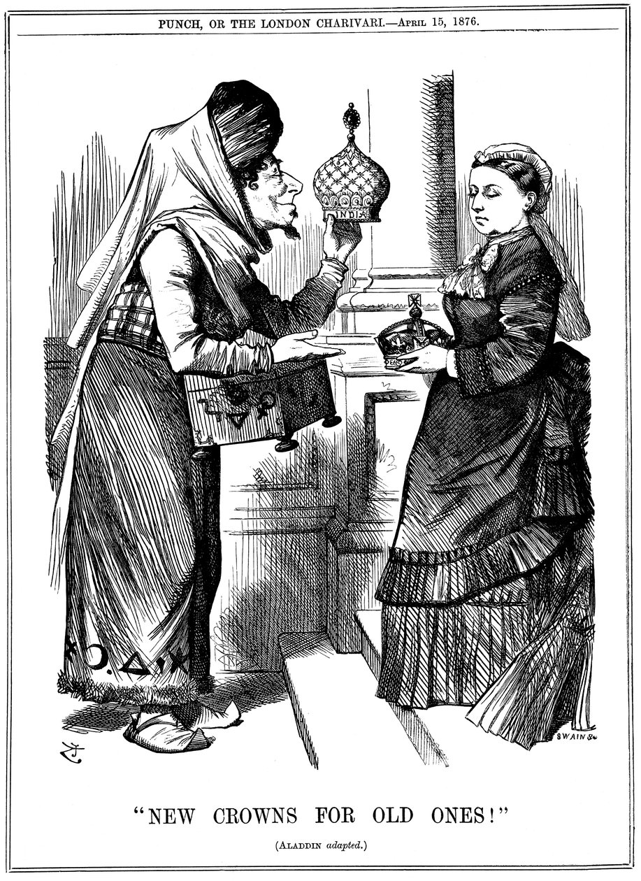 ¡Nuevas coronas por viejas!, Benjamin Disraeli ofreciendo la corona de la India a la Reina Victoria, 1876 de John Tenniel