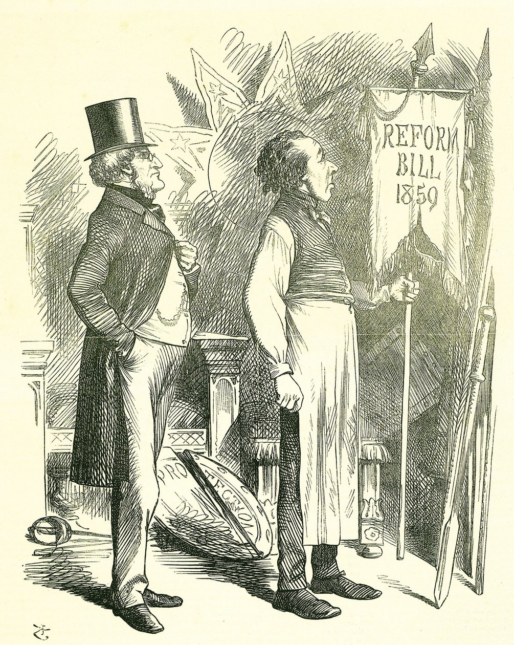 Economía Política: Reforma del Parlamento - extensión del sufragio. Disraeli (Canciller) y Derby (Primer Ministro) desempolvando el Proyecto de Reforma. En 1867 Disraeli introdujo un nuevo proyecto de ley de John Tenniel