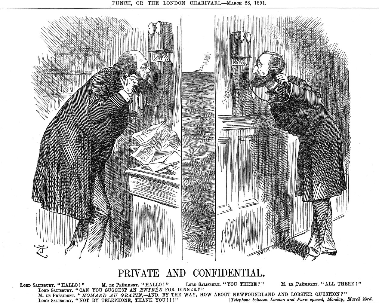 Privado y Confidencial, apertura de la línea telefónica Anglo-Francesa, 1891 de John Tenniel