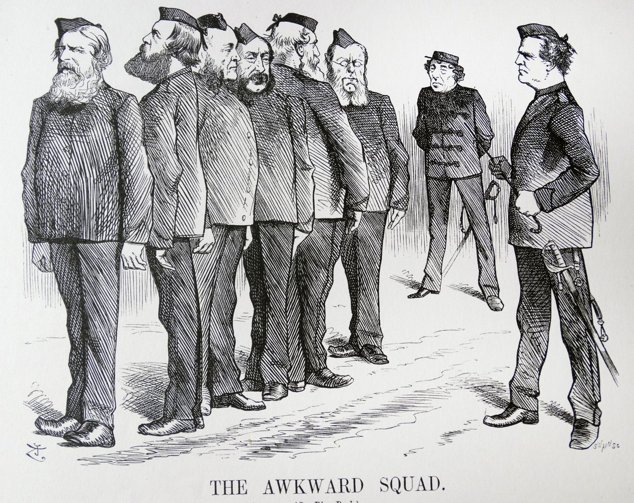 EL ESCUADRÓN TORPE. Caricatura de John Tenniel. Las dificultades que Disraeli tenía con diferentes opiniones en su gabinete sobre políticas en la Guerra Ruso/Turca de John Tenniel
