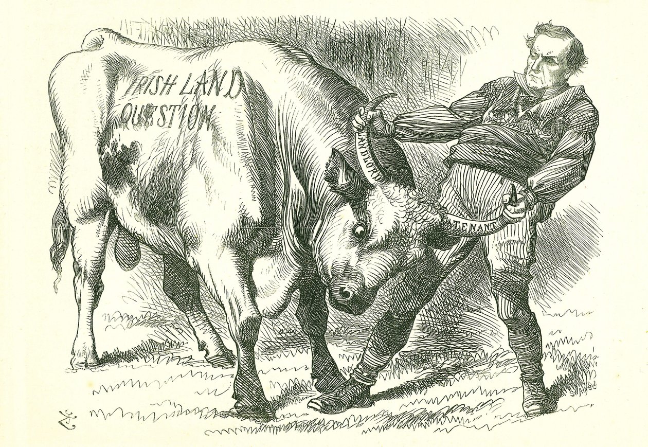 Tomando al Toro (Irlandés) por los Cuernos: Proyecto de ley aprobado por el Parlamento el 15 de febrero de 1870 y recibió la sanción real el 8 de julio. William Gladstone, Primer Ministro, tratando el tema. Caricatura de John Tenniel de 