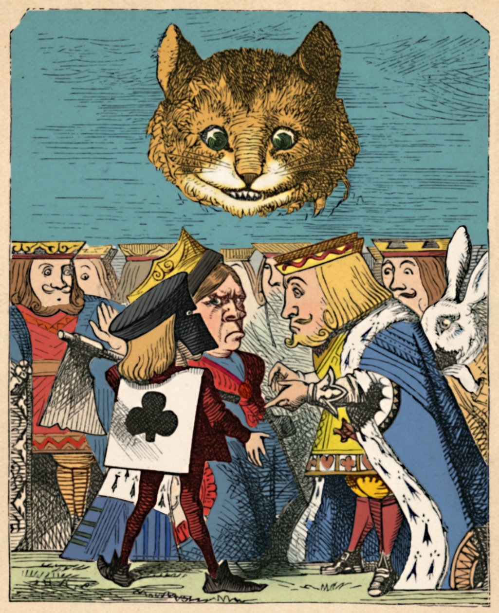 El gato de Cheshire mirando al Rey Rojo y la Reina Roja discutiendo, 1889 de John Tenniel