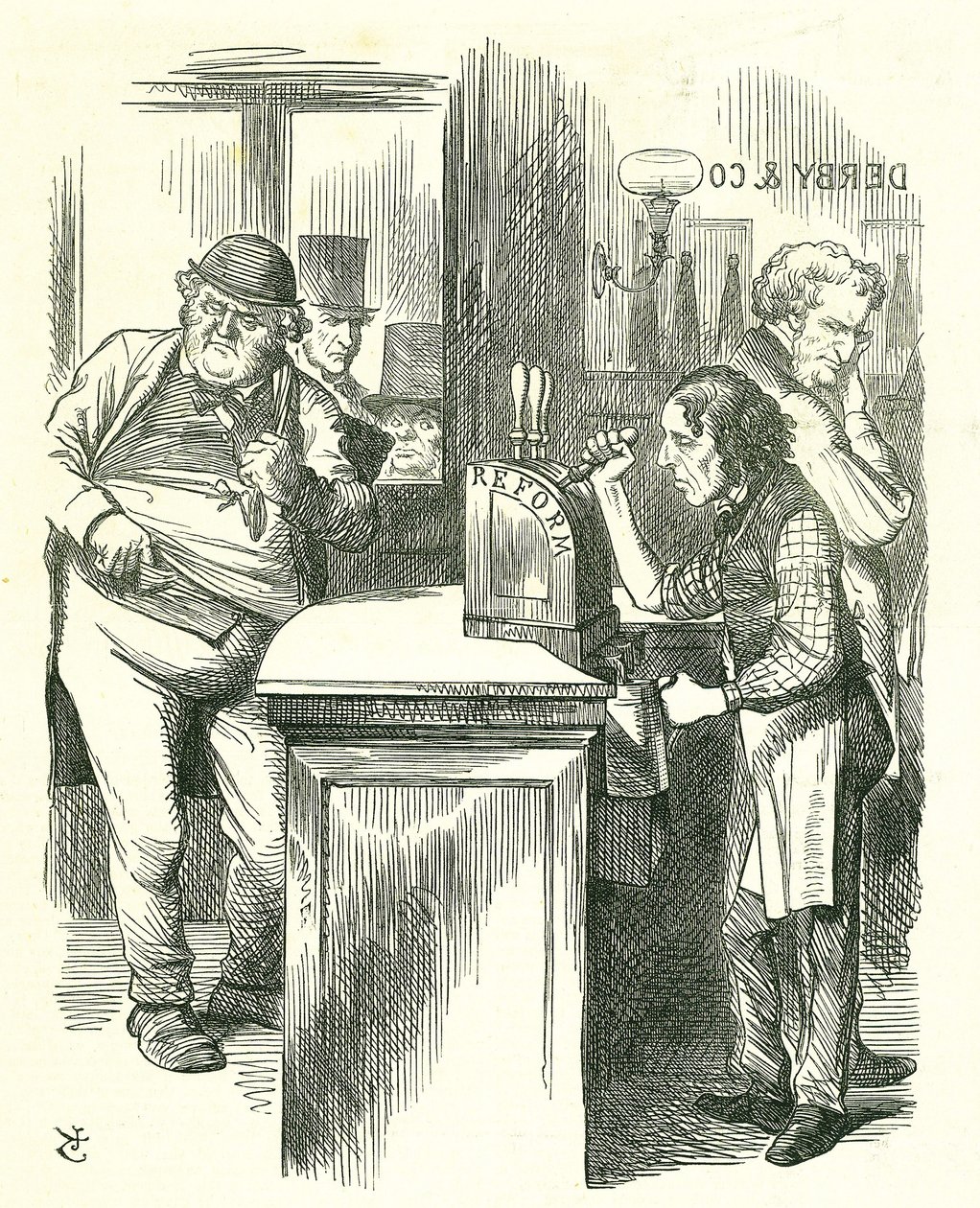 El Honesto Chico del Pot: Reforma del Parlamento - extensión del sufragio. Disraeli sirviendo la Reforma a John Bull observado por su oposición parlamentaria. Introdujo y aprobó su Proyecto de Reforma. Caricatura de Tenniel de Punch, Londres de John Tenniel