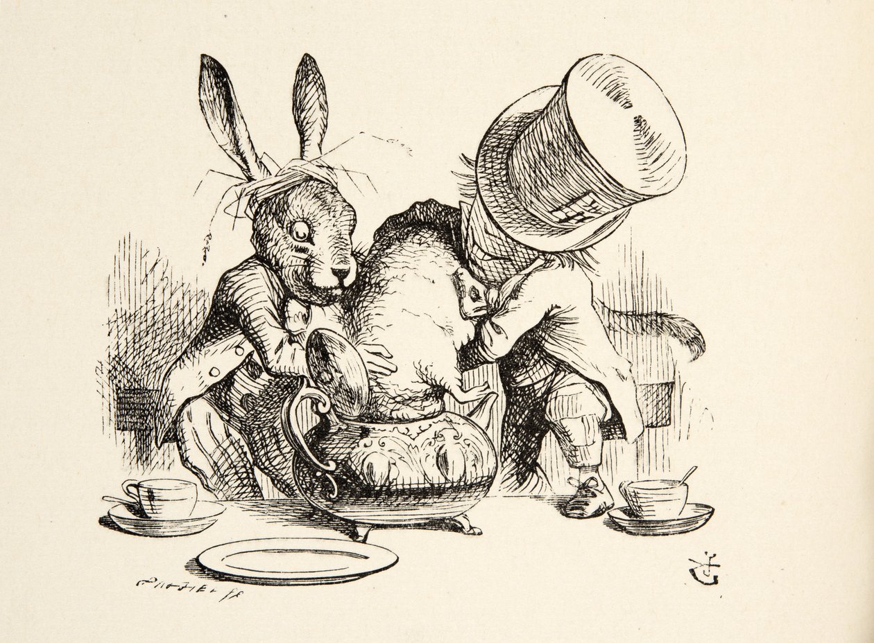 El Sombrerero Loco y la Liebre de Marzo metiendo al Lirón en la tetera, de Las aventuras de Alicia en el país de las maravillas de Lewis Carroll, publicado en 1891 de John Tenniel