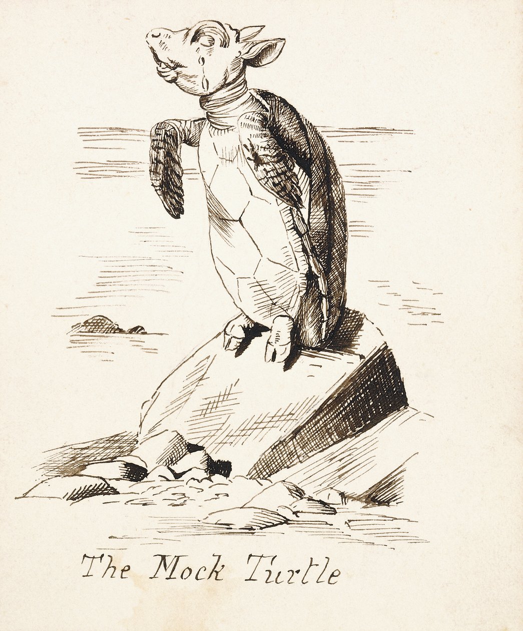 La Falsa Tortuga llorando en una roca, c.1865 de John Tenniel